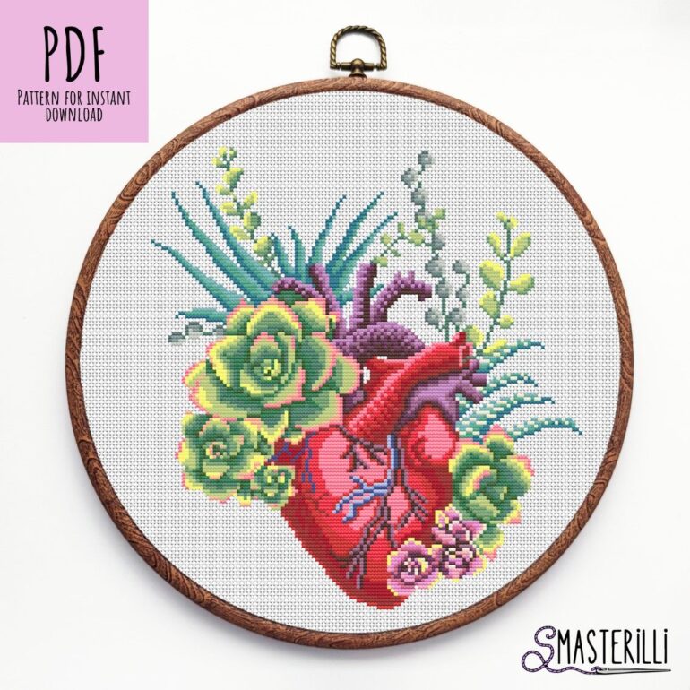 Embroidered Floral Anatomical Heart Cross Stitch Pattern PDF with Succulents and Flowers