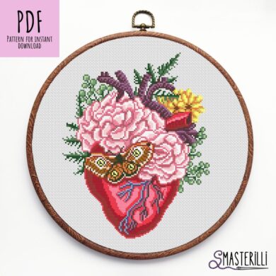 Modern Floral Anatomical Heart Cross Stitch Pattern with Flowers and Butterflies Embroidery Design #0310