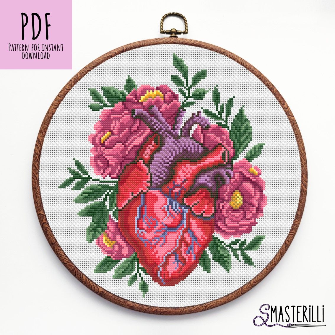 Anatomical heart cross stitch pattern with flowers and plants. Embroidery ornament by Smasterilli