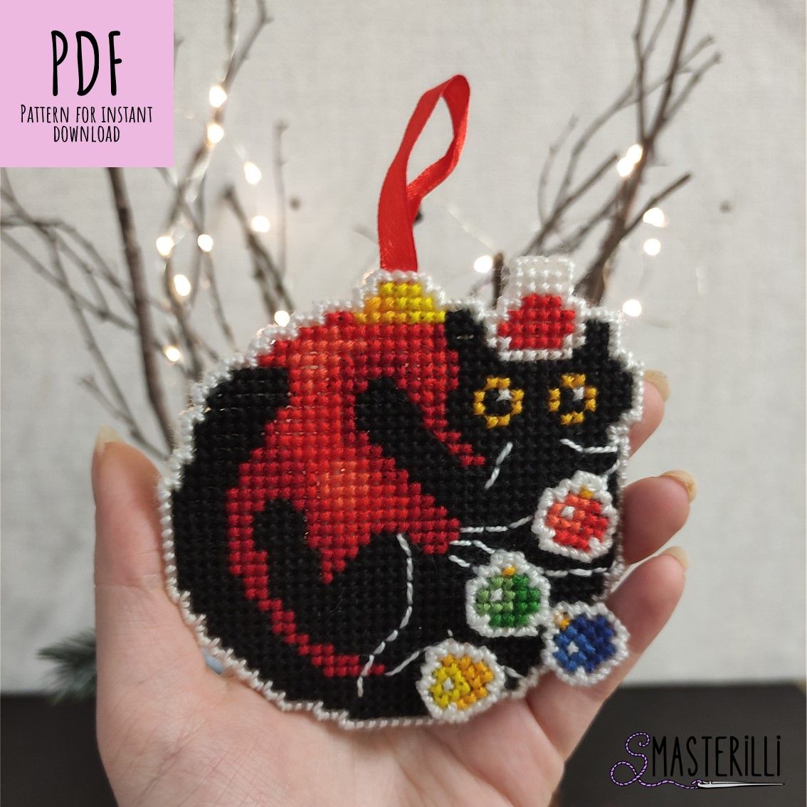 Cat on a Ball with Garland Christmas Tree Decoration Cross Stitch Pattern PDF