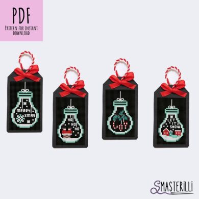 Christmas gift tags with snowflakes and bulbs cross stitch pattern