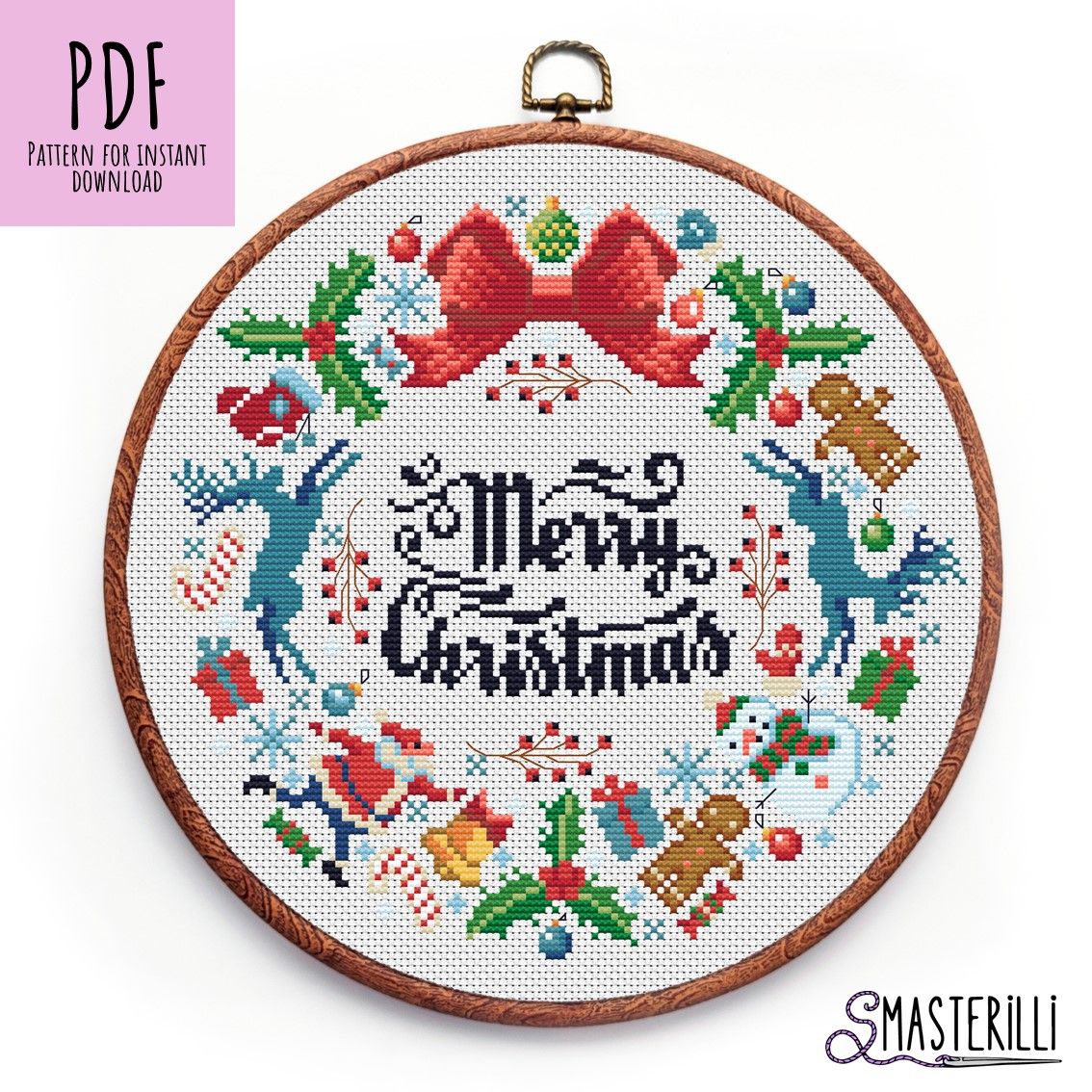 Cross stitch pattern of a Merry Christmas wreath with a modern winter sampler design #0404.