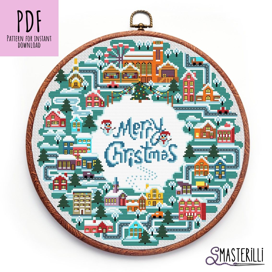 Christmas Wreath Cross Stitch Pattern PDF, JPG Christmas Village Embroidery Design, Modern Cross Stitch Pattern #0403