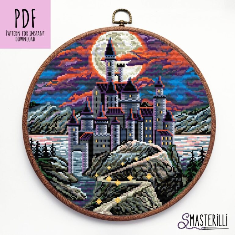 An image of a fantasy castle cross stitch pattern, halloween embroidery design