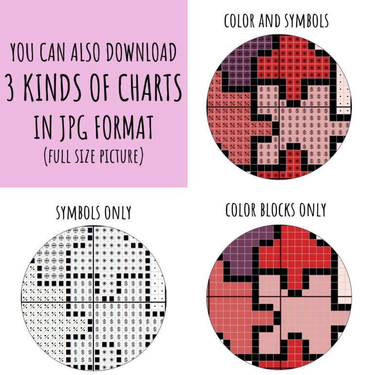 Picture of a modern cross stitch pattern with a heart and QR code, and love words