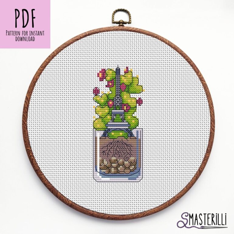 Handmade Cacti Cross Stitch Pattern PDF and JPG Eiffel Tower Embroidery Design