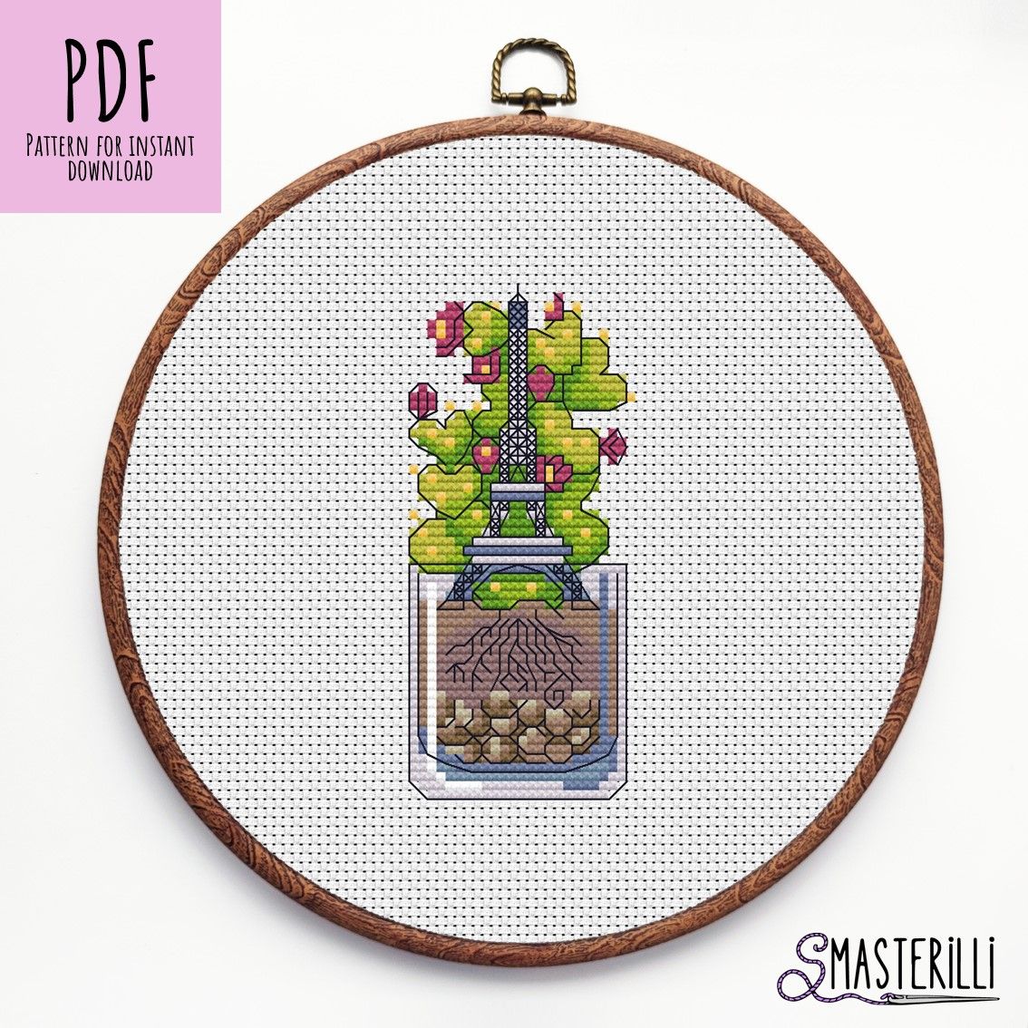 Potted cacti cross stitch pattern with Eiffel tower in the glass. Cute and easy embroidery ornament for beginners by Smasterilli