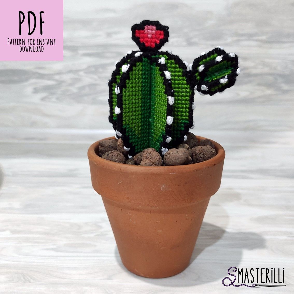 Cross stitch pattern of a potted cactus for plastic canvas