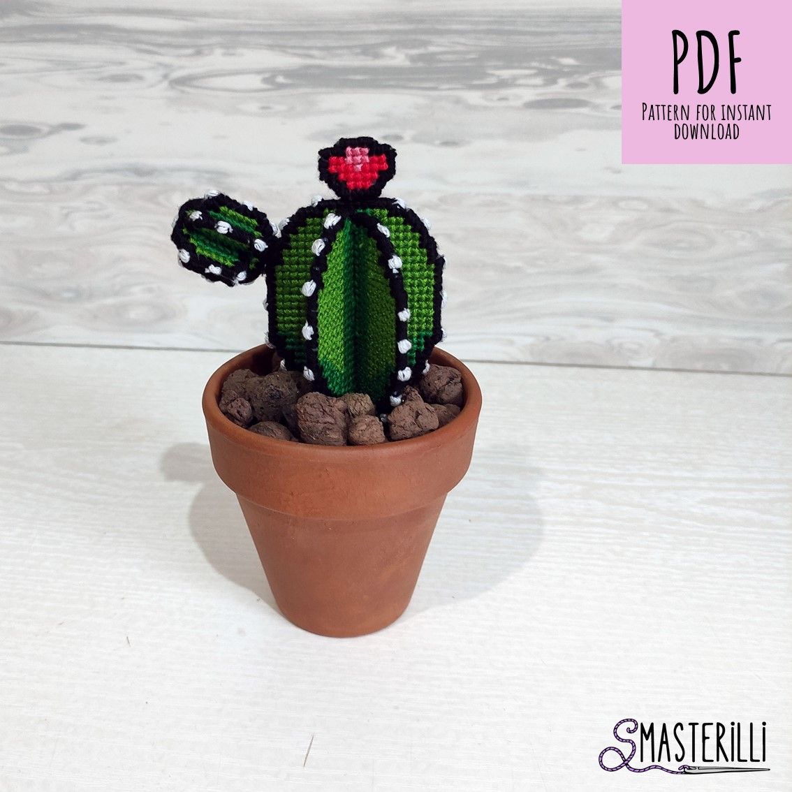 Cross stitch pattern of a potted cactus for plastic canvas