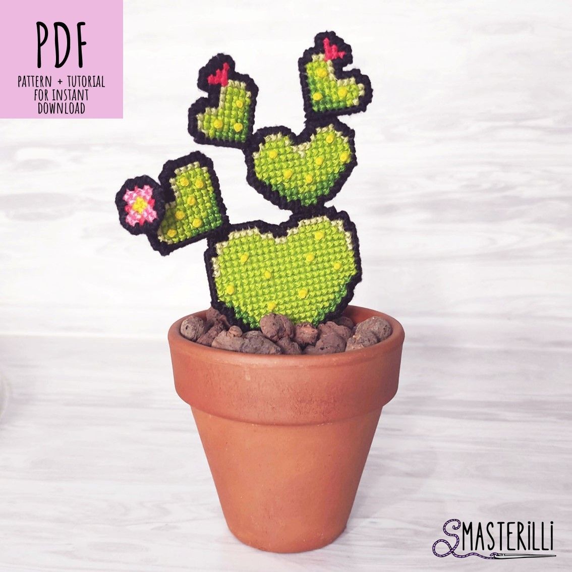 3D realistic potted cactus cross stitch pattern for plastic canvas. Pattern and detailed tutorial with photos and instructions by Smasterilli
