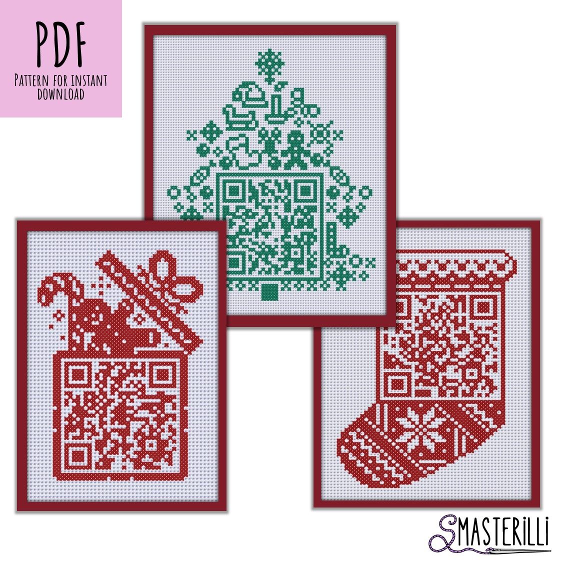 Cross stitch pattern PDF set with modern embroidery designs of Christmas sock, gift and Christmas tree #0401