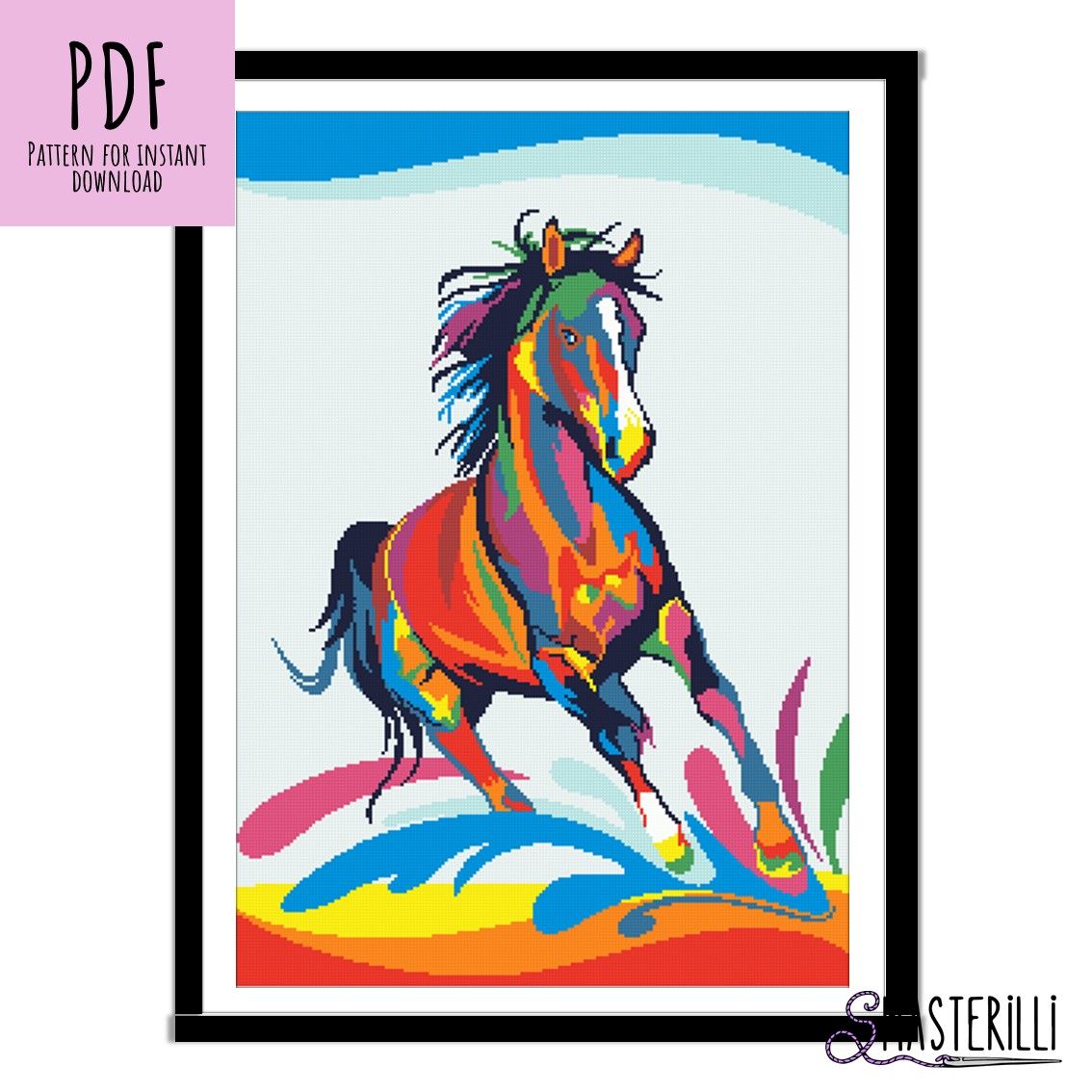 Modern Cross Stitch Pattern of a Rainbow Horse
