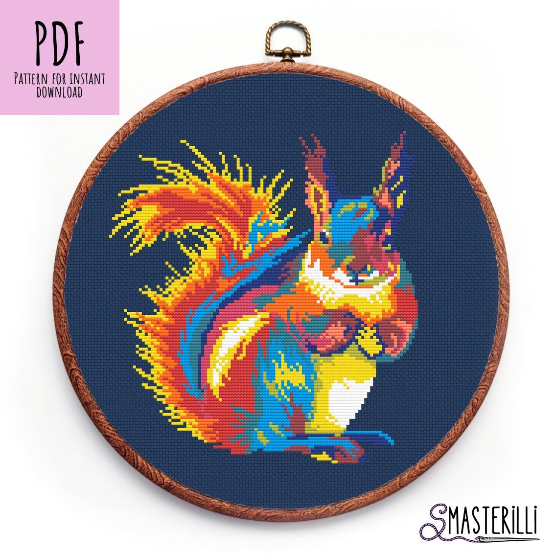 Rainbow Squirrel Cross Stitch Pattern PDF and JPG Modern Embroidery Design #0106