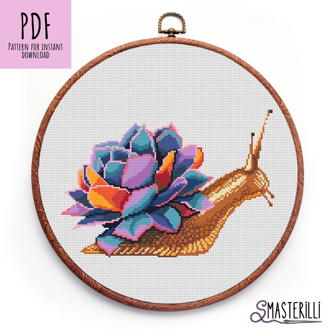 Cross Stitch Pattern of a Snail with a Succulent Plant