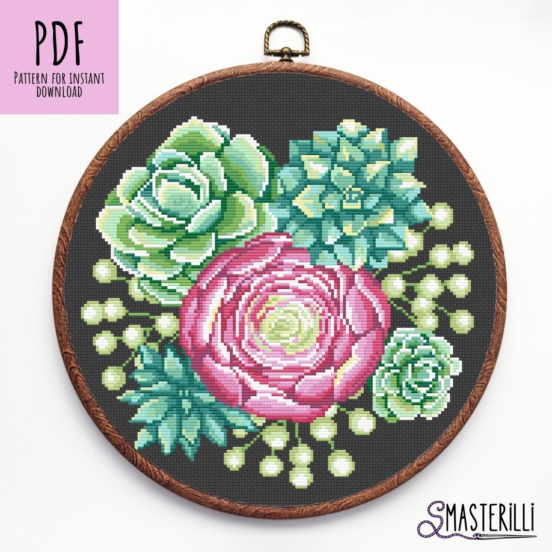 Floral Succulent Cross Stitch Pattern, wreath with flowers embroidery design