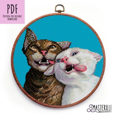 Cross Stitch Pattern of White and Tabby Cat