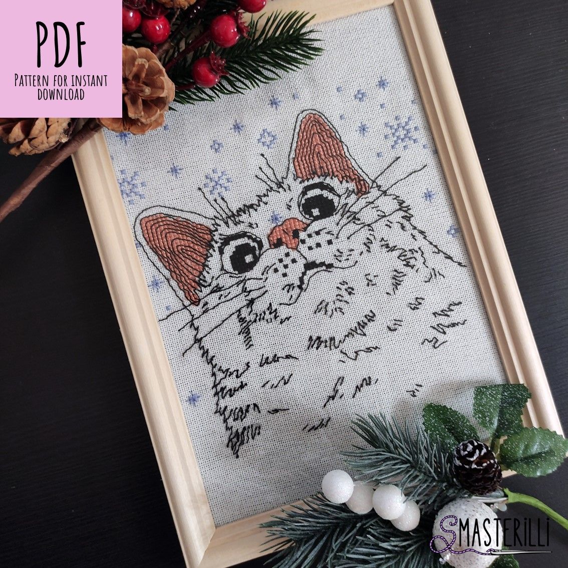 White Cat Cross Stitch Pattern PDF with Snowflakes Embroidery Design