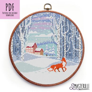 Winter Landscape Cross Stitch Pattern PDF and JPG Winter Forest Embroidery Design