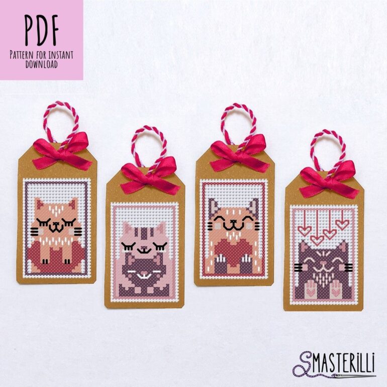 Valentine's Day Cross Stitch Gift Tag Pattern Featuring Small Cats