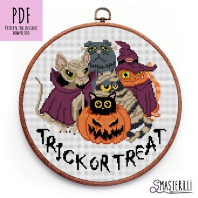 Halloween cats Cross Stitch Pattern PDF, funny cats embroidery design