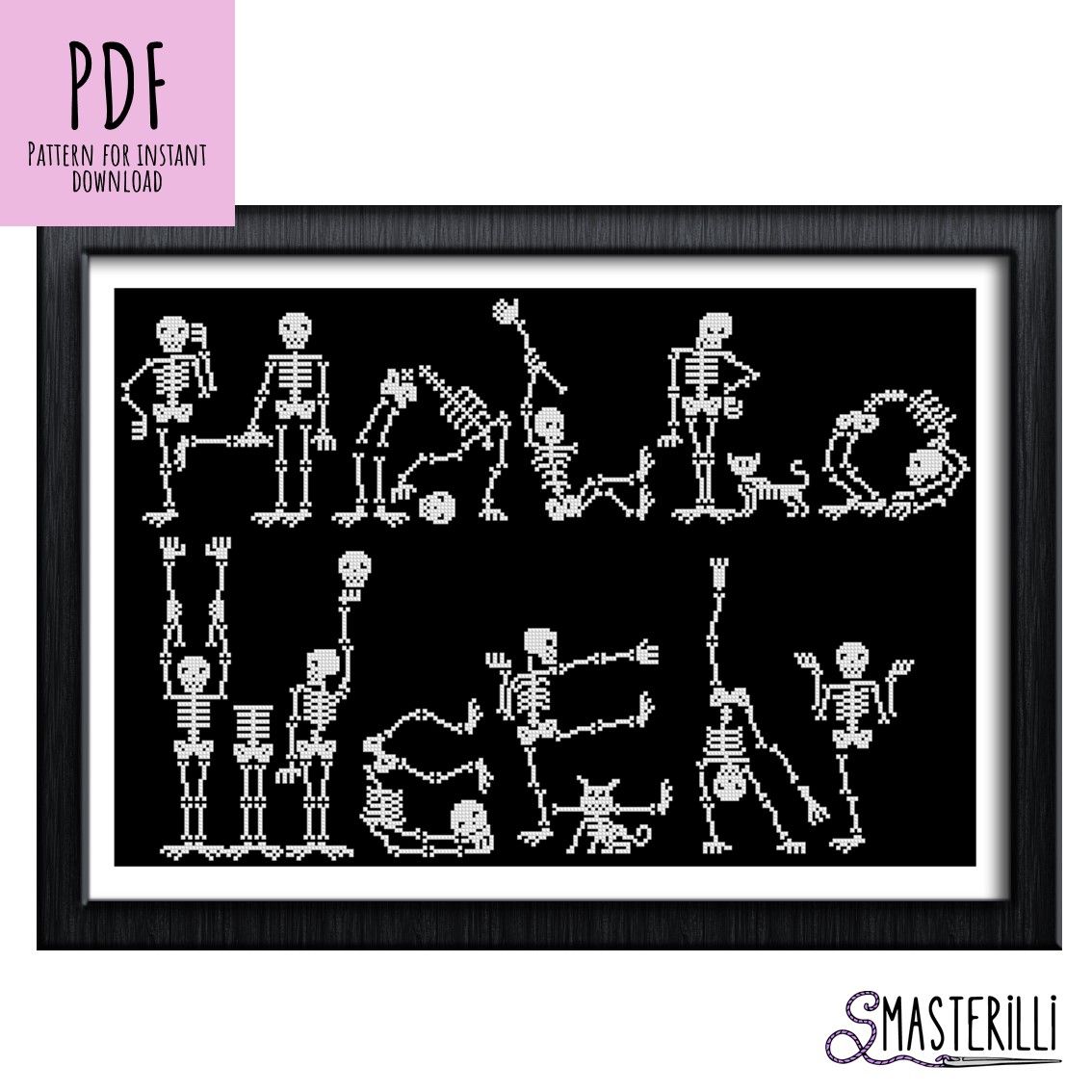 Dancing skeletons in a Halloween cross stitch pattern PDF