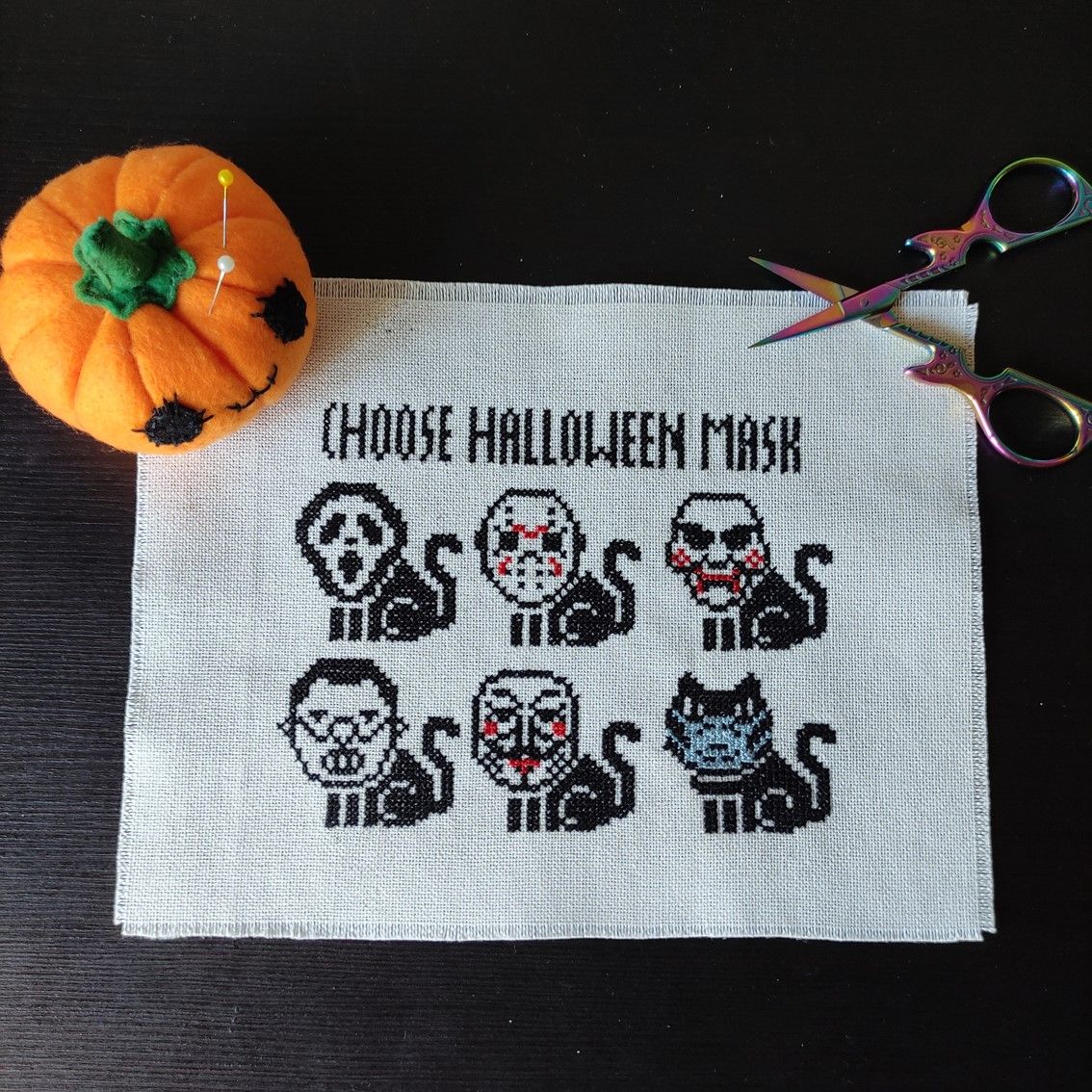 Black cats cross stitch pattern PDF, small Halloween ornament embroidery design