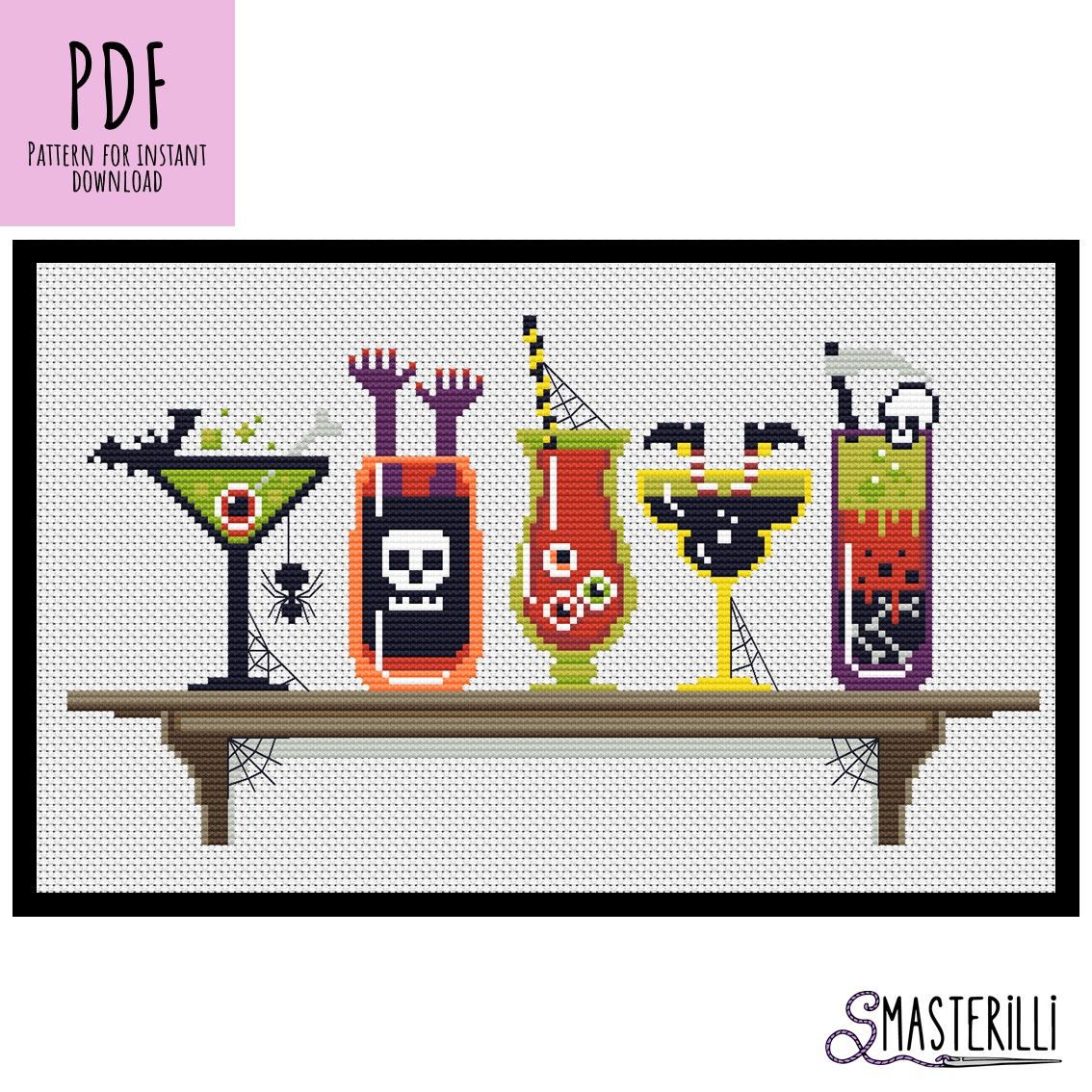 Halloween cross stitch pattern featuring creepy cocktails and drinks design.
