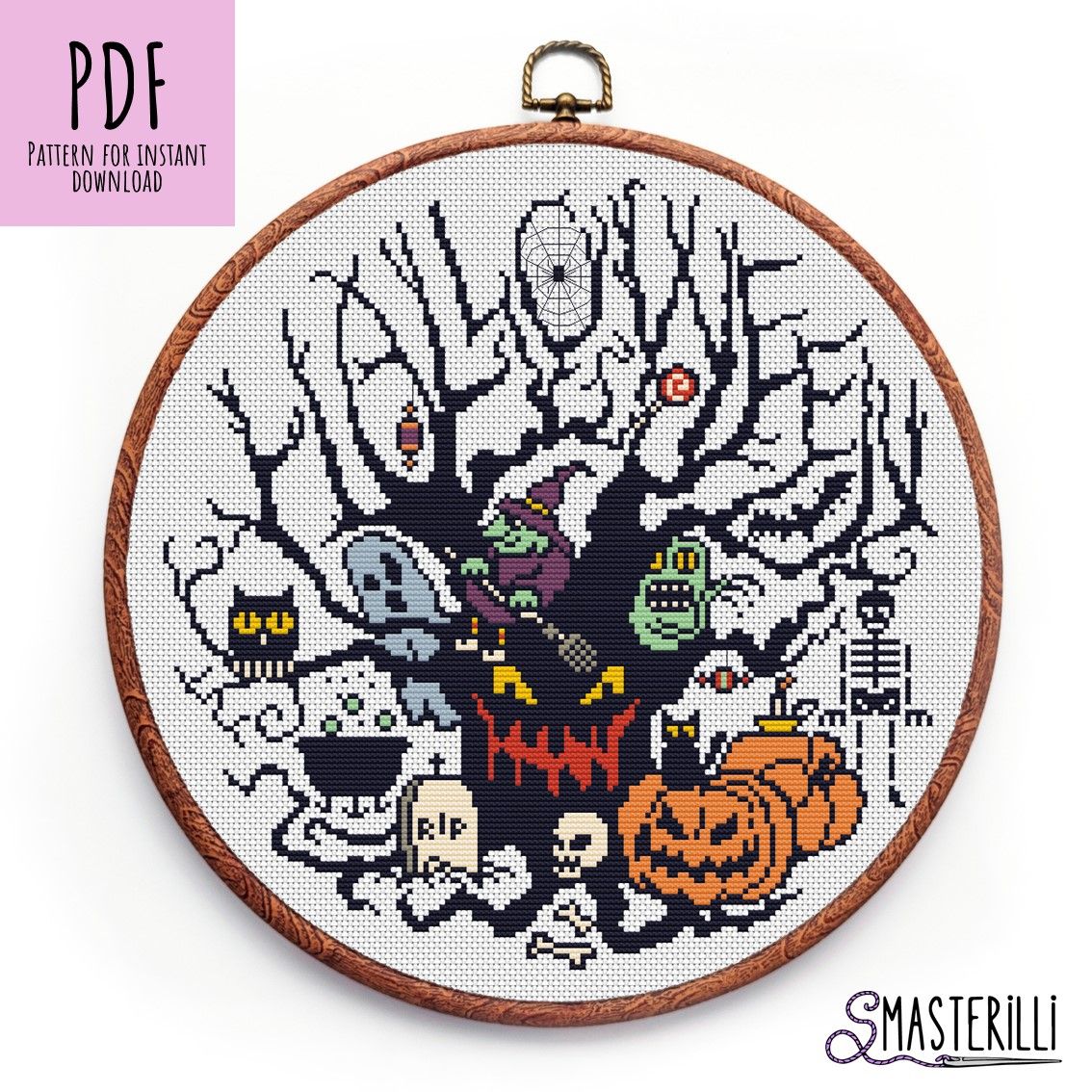 Spooky Tree Embroidery Design, Halloween Cross Stitch Pattern PDF and JPG