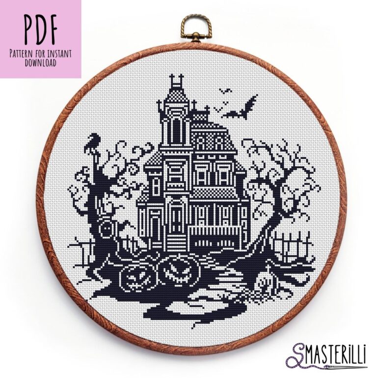 Haunted house Cross Stitch Pattern PDF, Halloween embroidery design #0522