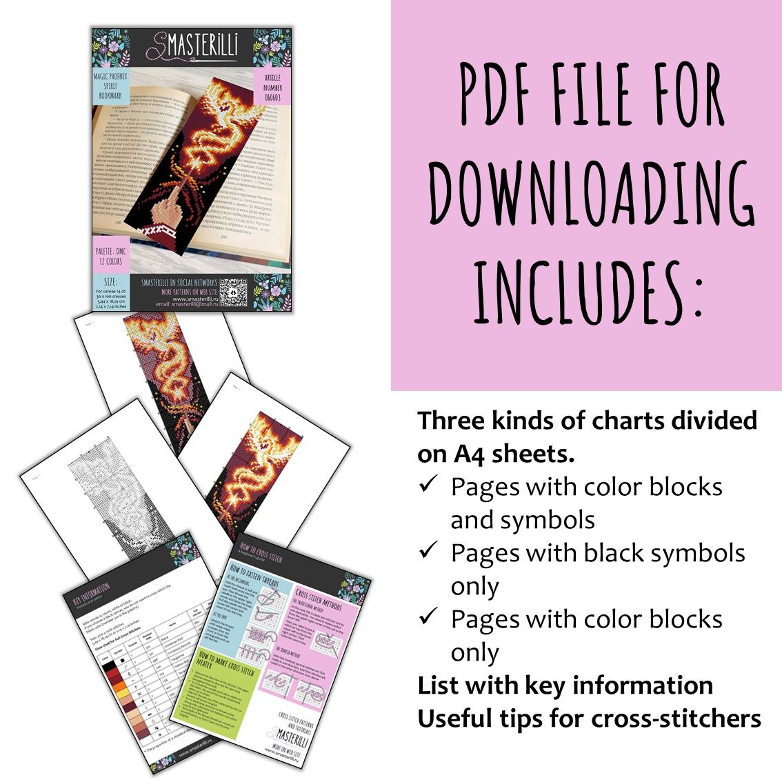 Phoenix Cross Stitch Bookmark Pattern PDF, JPG Patronus Embroidery Design, Modern Cross Stitch Pattern