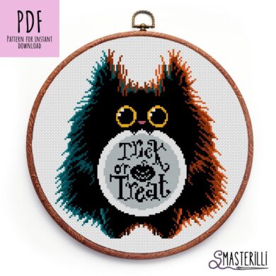 Halloween Cross Stitch Pattern of a Black Cat cross stitch pattern, Trick or Treat embroidery design