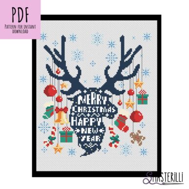 Deer Cross Stitch Pattern in PDF and JPG Formats for Christmas Embroidery Design