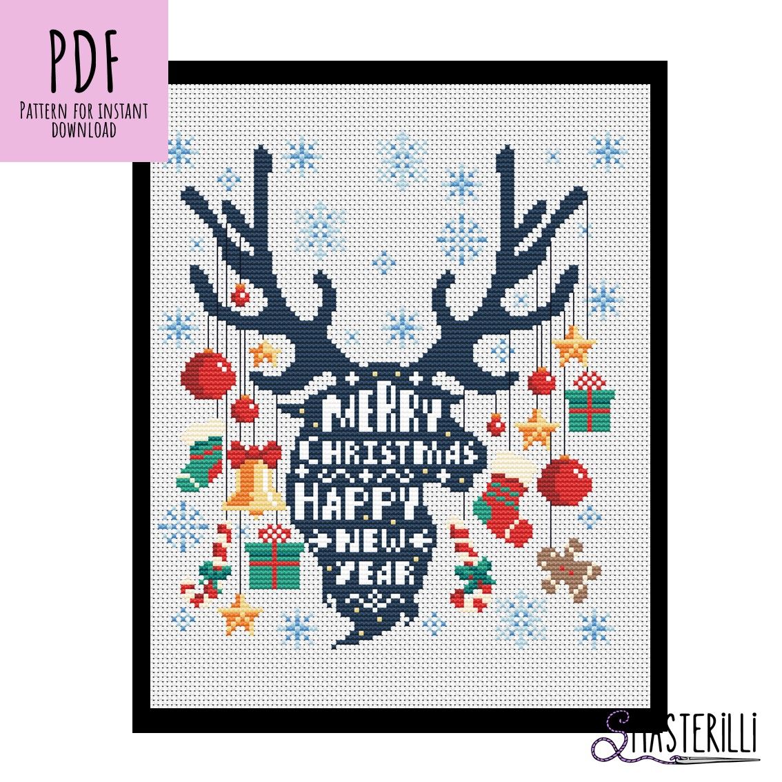 Deer Cross Stitch Pattern in PDF and JPG Formats for Christmas Embroidery Design
