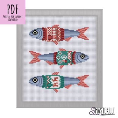Christmas Jumper Ornaments PDF, JPG Fishes Embroidery Design, Small Christmas Cross Stitch Pattern #0417