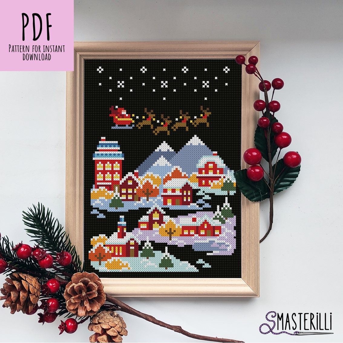 Small Christmas Cross Stitch Pattern PDF - Winter Landscape Embroidery Design