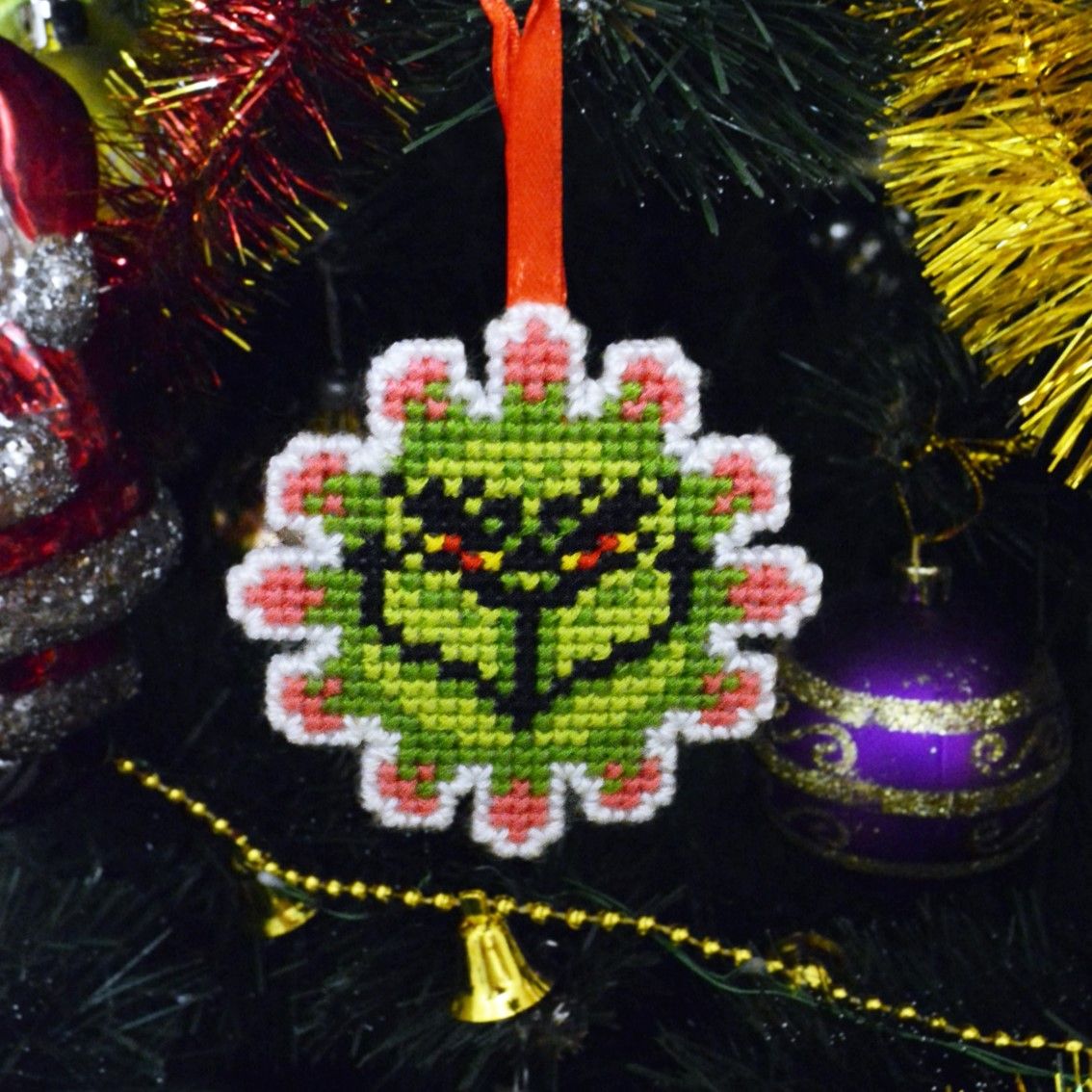 Cross Stitch Pattern PDF, Christmas Plastic Canvas Pattern & Tutorial, Grinch Covid Virus Funny Decoration