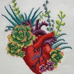 Anatomical heart with succulent flowers cross stitch pattern