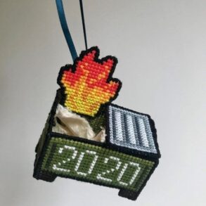 Dumpster fire cross stitch pattern for plastic canvas