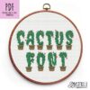 A modern cross stitch pattern featuring potted cactus letters in a floral alphabet design