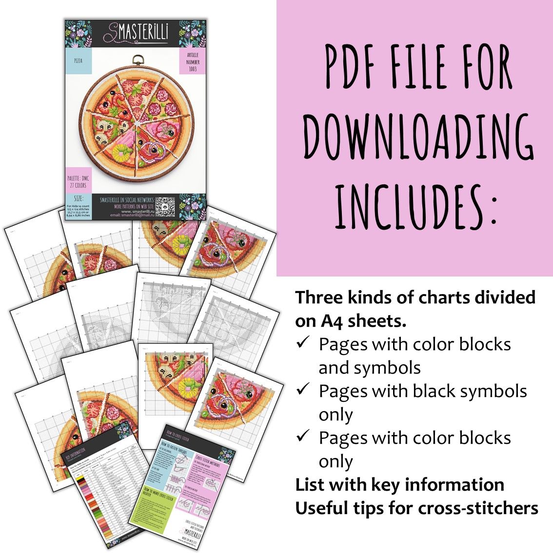 Pizza Cross Stitch Pattern PDF, JPG Food Embroidery Design