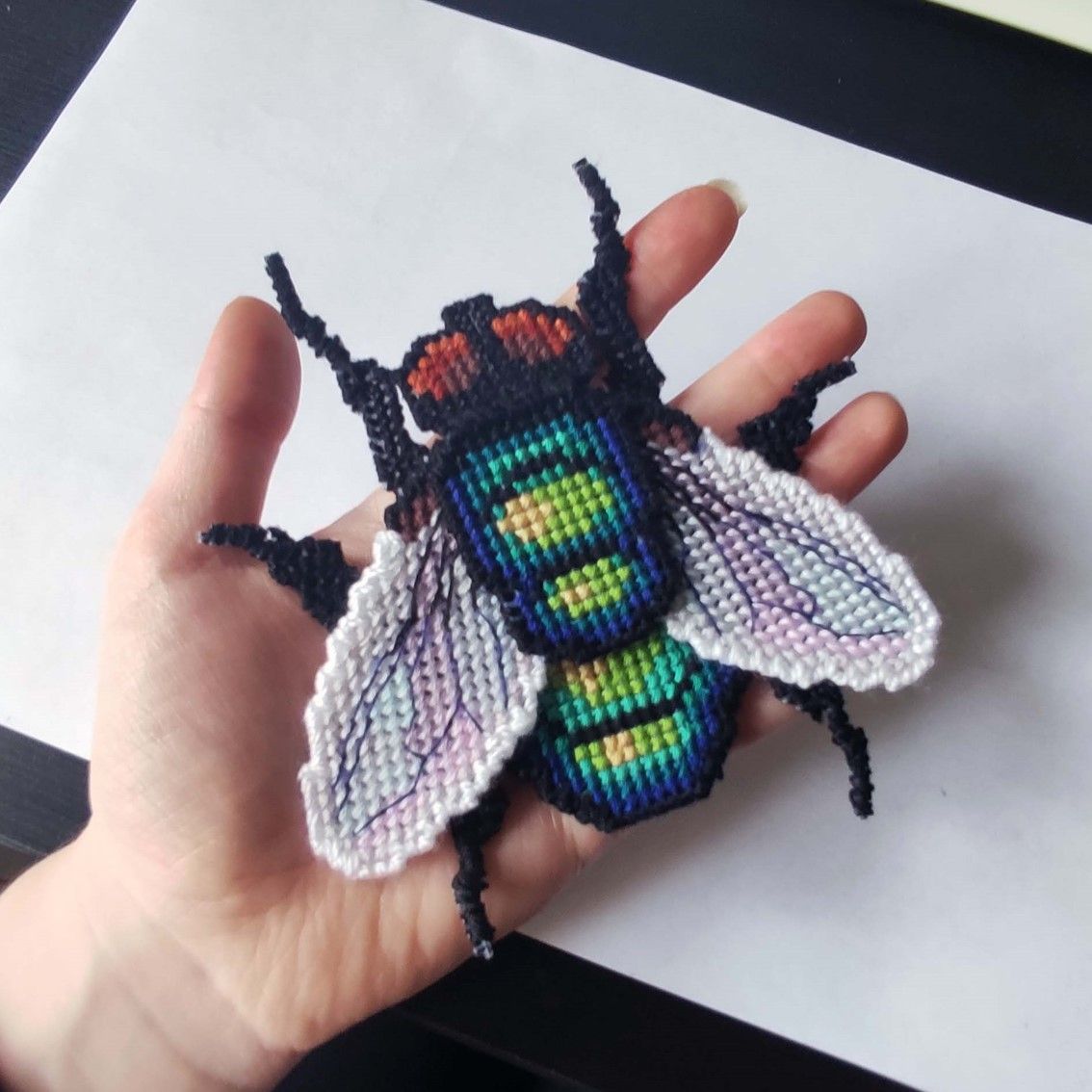 Realistic fly cross stitch pattern PDF for plastic canvas and tutorial.