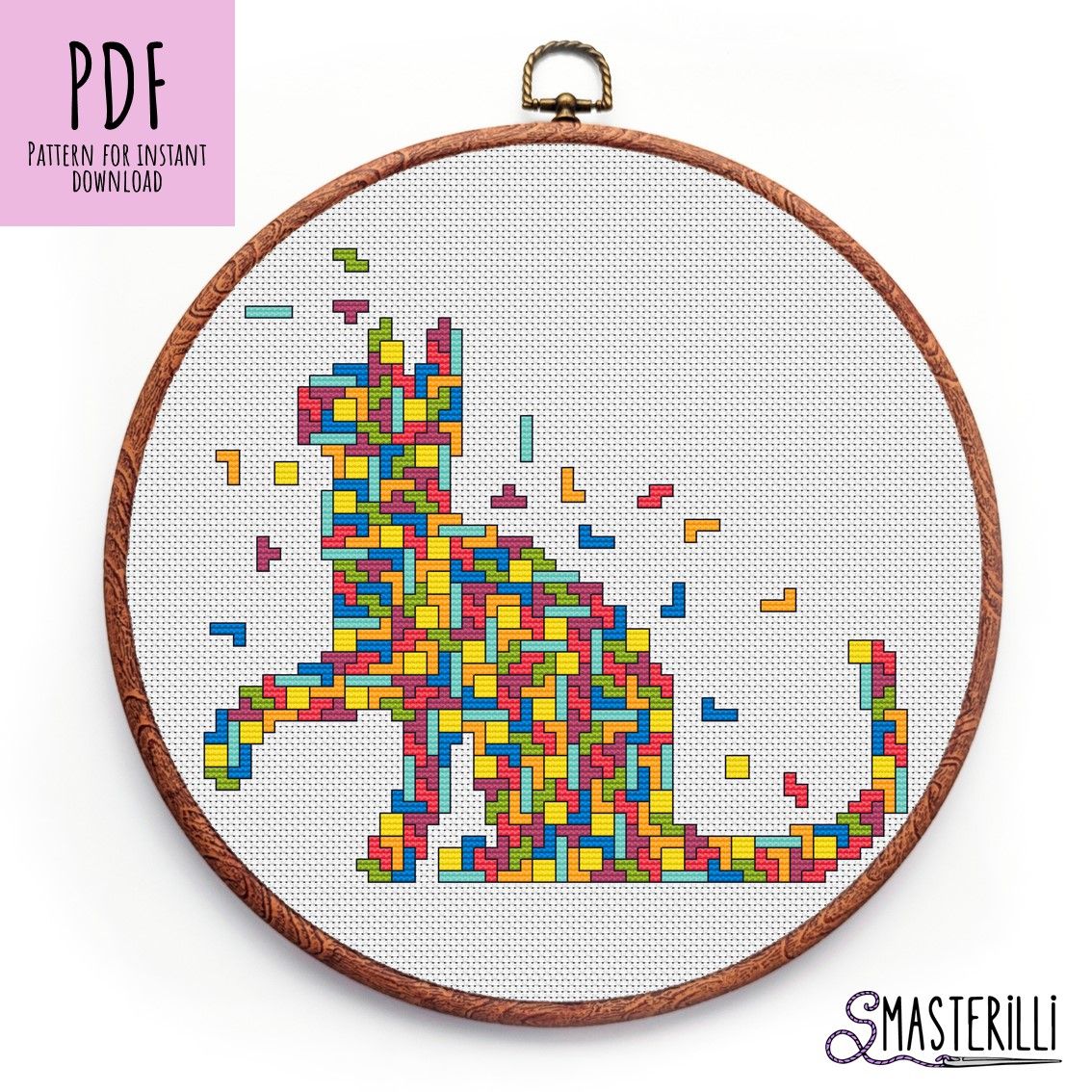 Tetris Cat Cross Stitch Pattern PDF - Antistress Embroidery Design #0701