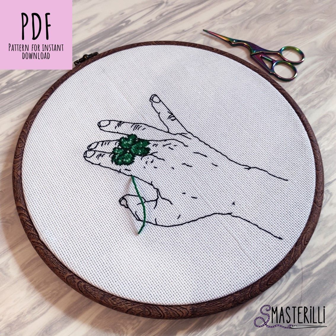 Hand with clover cross stitch pattern PDF, St.Patricks day embroidery design