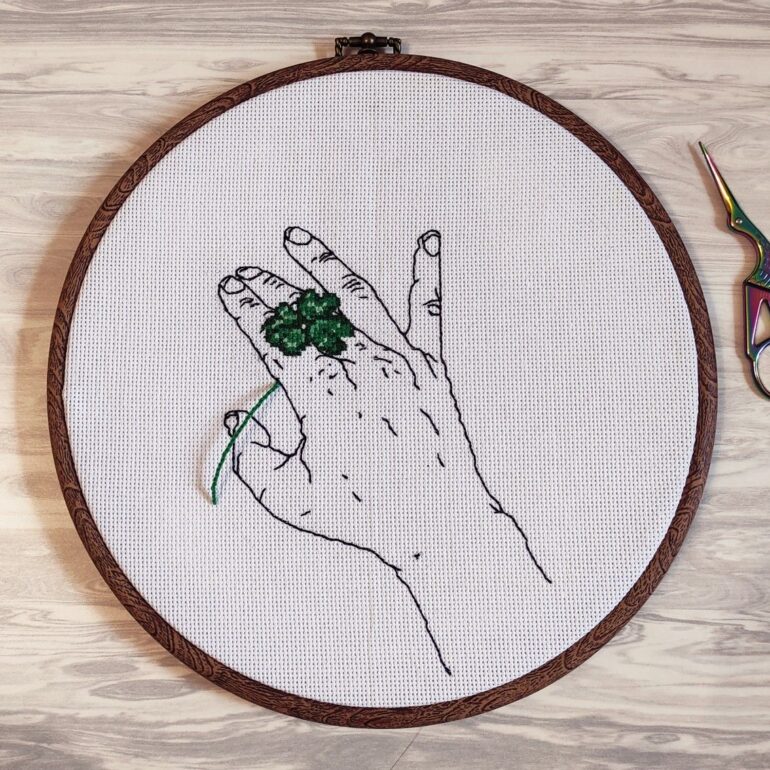 Hand with clover cross stitch pattern PDF, St.Patricks day embroidery design