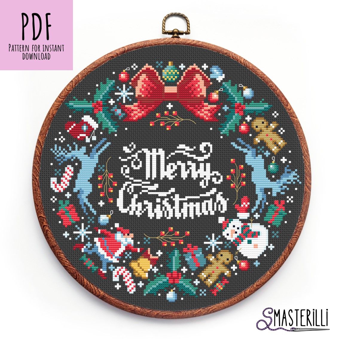 Merry Christmas cross stitch pattern PDF, new year sampler embroidery ornament