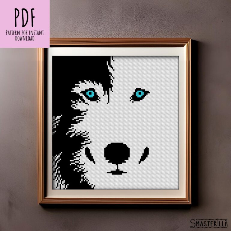 Create a stunning addition to your home decor with this Black and White Wolf Cross Stitch Pattern by Smasterilli. Perfect for beginners, this easy cross stitch pattern will add a touch of beauty and elegance to any room.