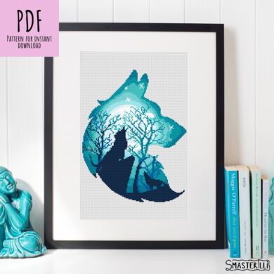 Create a unique cross stitch pattern with the Blue Moon Wolf Cross Stitch Pattern by SMasterilli. This animals silhouette cross stitch pattern adds beauty and character to any project.