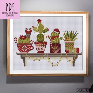 Create a festive holiday scene with the Christmas Plants Cross Stitch Pattern by Smasterilli! This fun potted cacti on bookshelf cross stitch pattern is perfect for any stitcher!