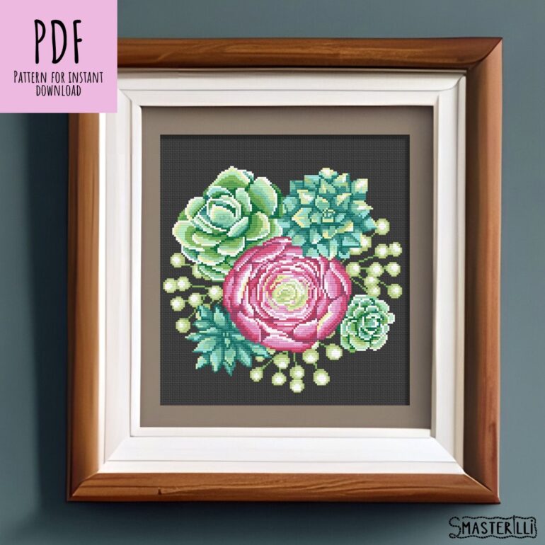 Get creative with this Green Succulents Cross Stitch Pattern by SMasterilli. This Spring Flower Bouquet Cross Stitch Pattern is perfect for those looking to add a touch of nature to their stitching.