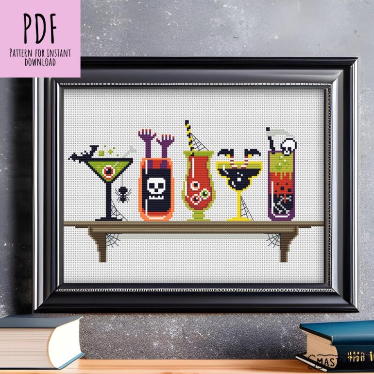 Get spooky this Halloween with a Halloween Cocktails Cross Stitch Pattern by SMasterilli! This Halloween Drinks on Bookshelf Cross Stitch Pattern will be the perfect addition to your Halloween decor.